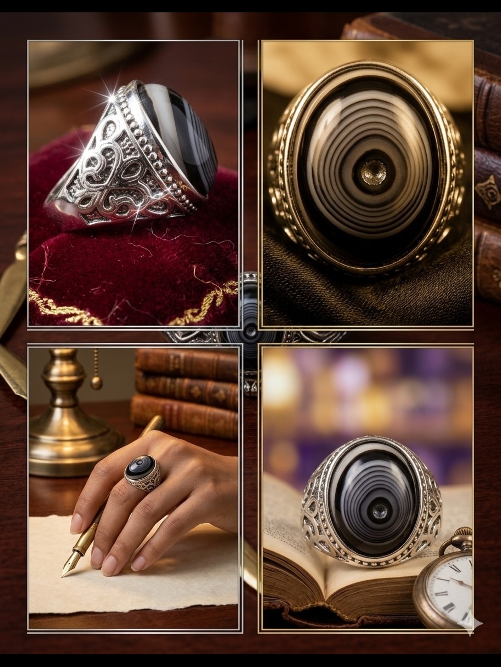 Silver Toned Men's Ring with Black & White Agate Center